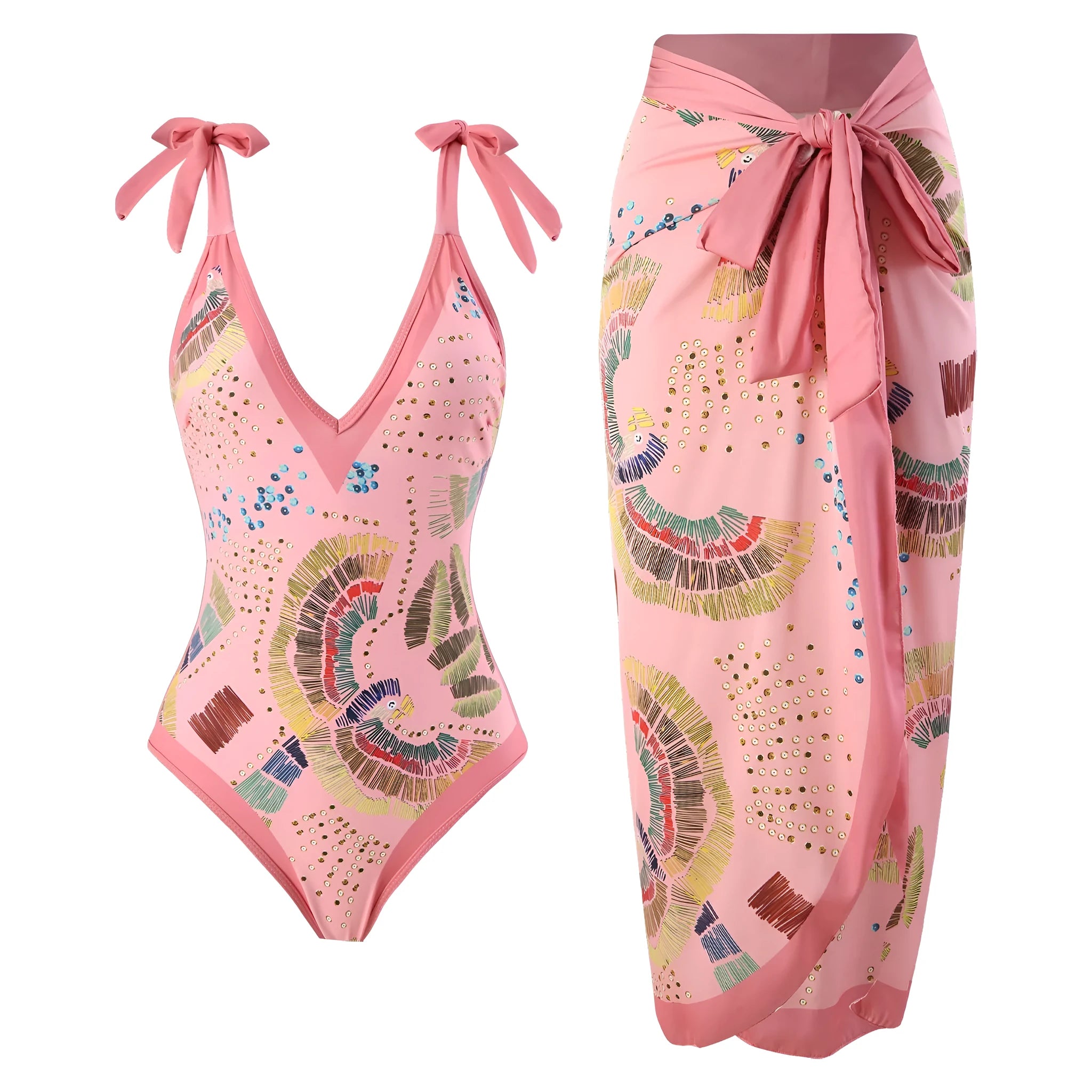 French retro one-piece swimsuit with matching gauze skirt in blue or pink colour options