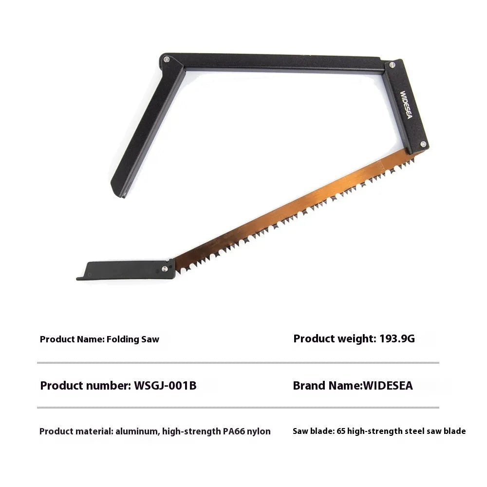 Black foldable outdoor saw with aluminium and nylon handle, blade extended.