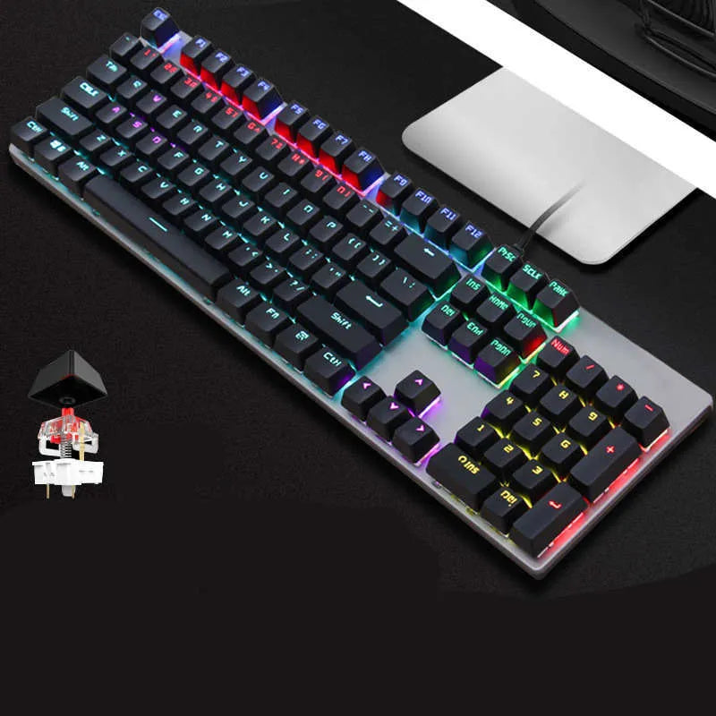 AOC GK410 wired mechanical keyboard with full 104-key layout and backlit keys on a metal frame.