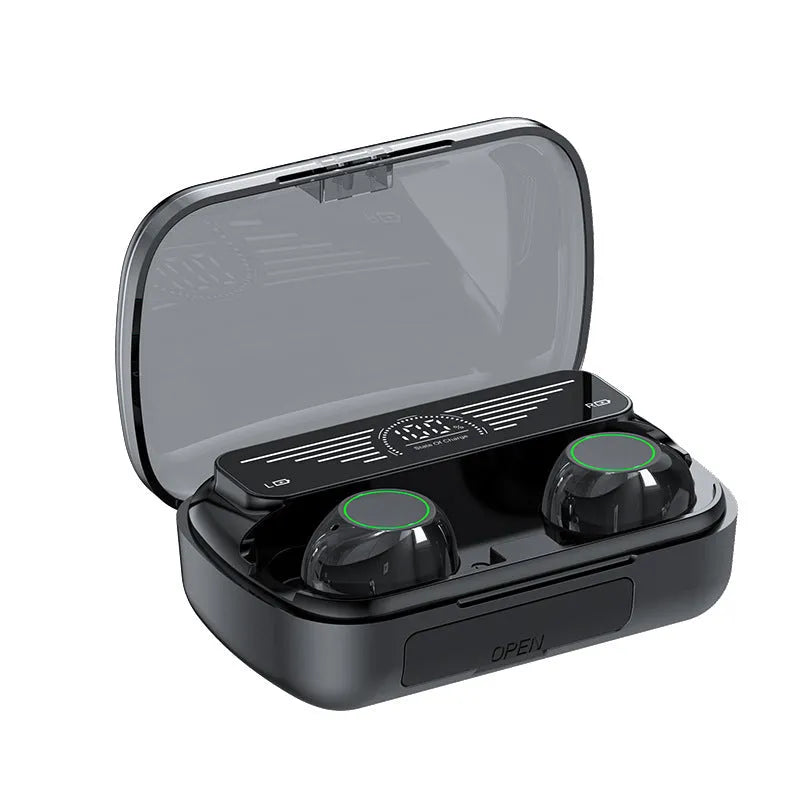Wireless black Bluetooth sports earbuds with touch controls shown in a charging case.