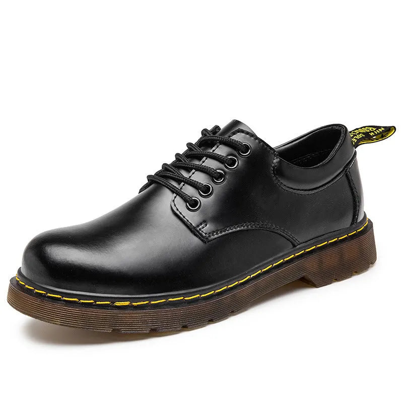 Low top Martin style leather shoes in black, front lace-up, round toe, flat heel, sizes 38-48