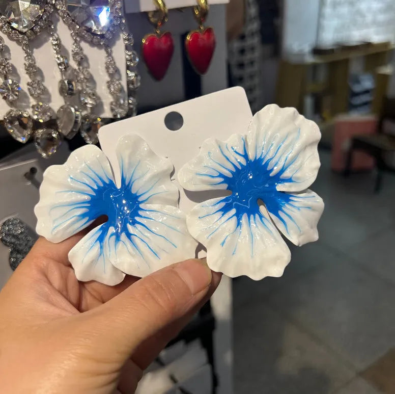 Alloy flower stud earrings with oil-spot glaze finish in pastoral European-American style