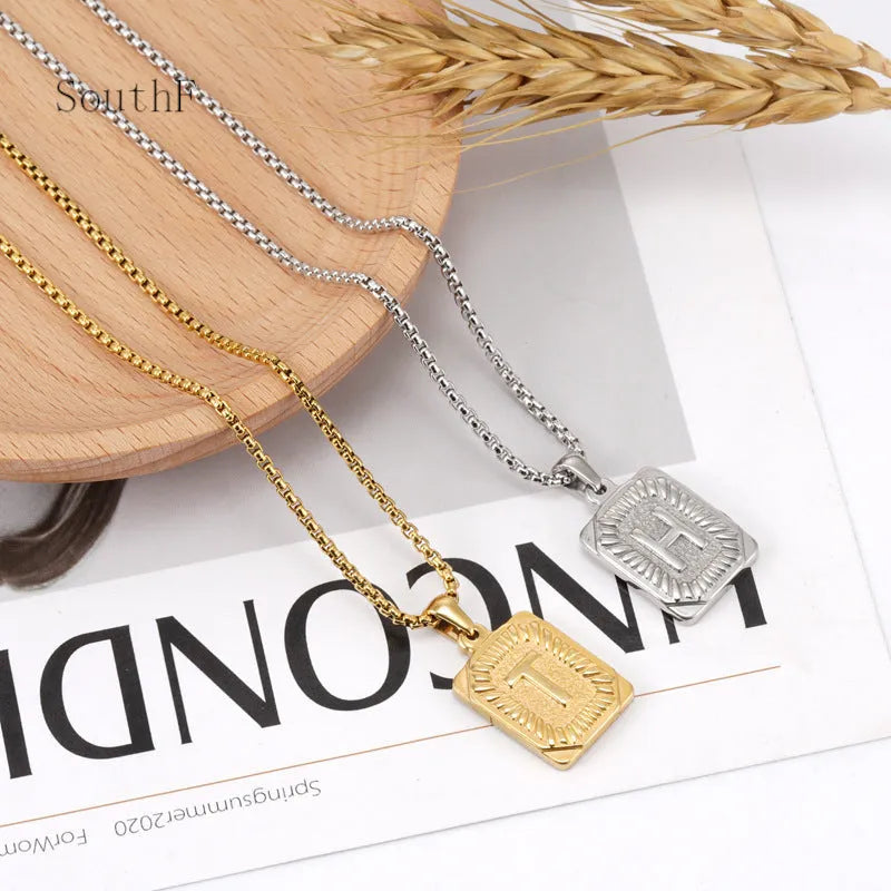 Gold-plated 18K titanium steel letter pendant necklace on a pearl chain, unisex design, gold colour