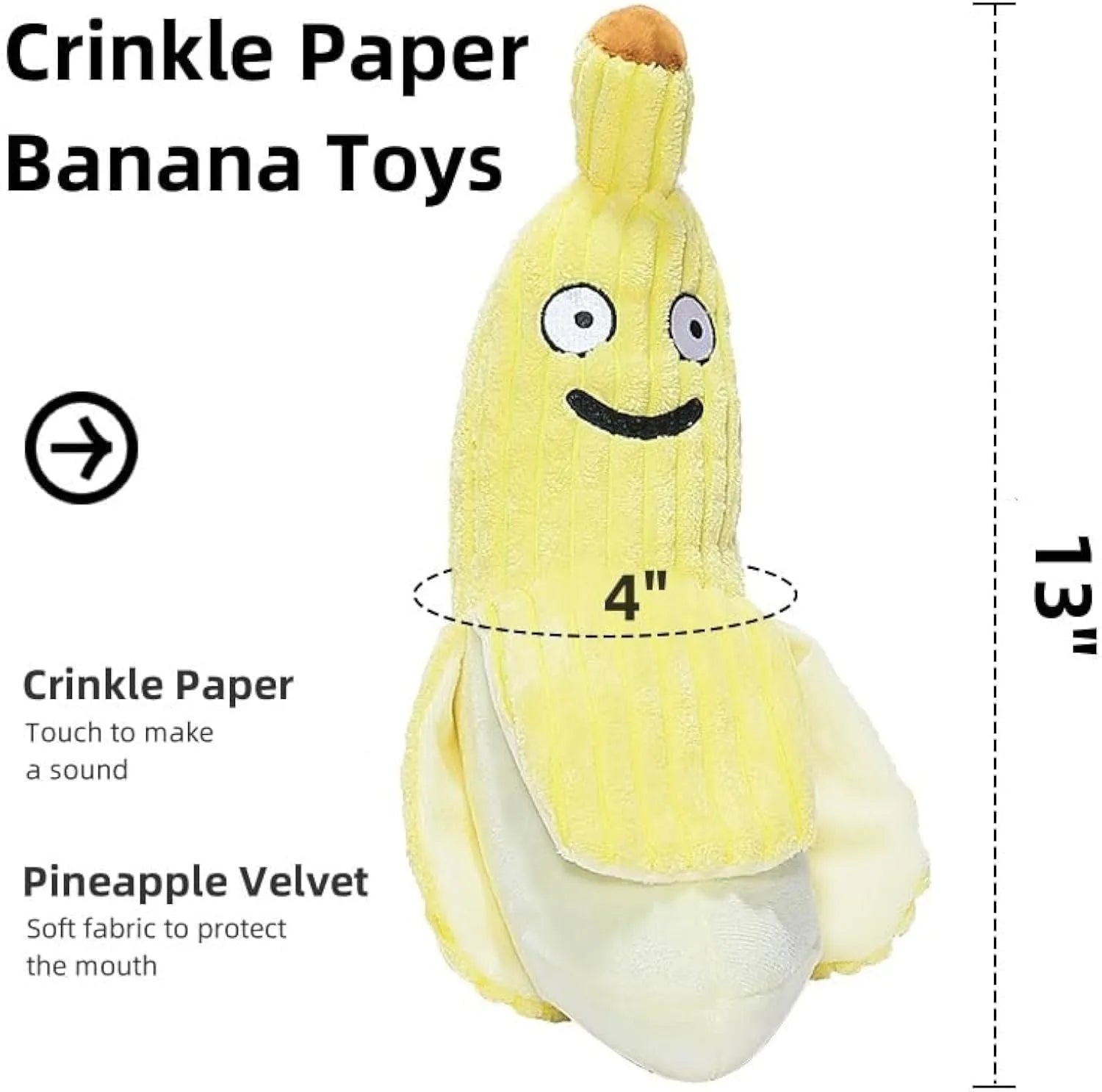 Yellow banana-shaped plush cat toy with a green tip and a textured velvet strip.