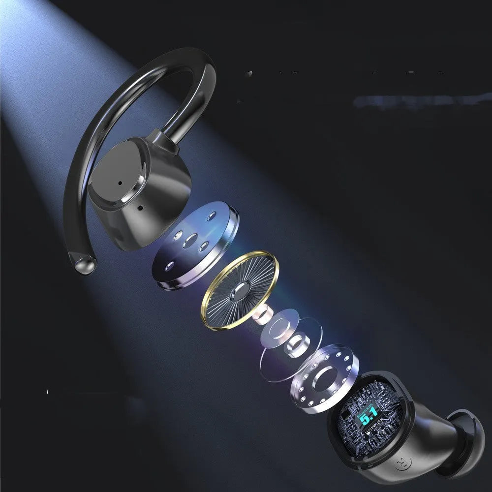 Sports waterproof headphones with digital display and breathing light in ear-hanging design