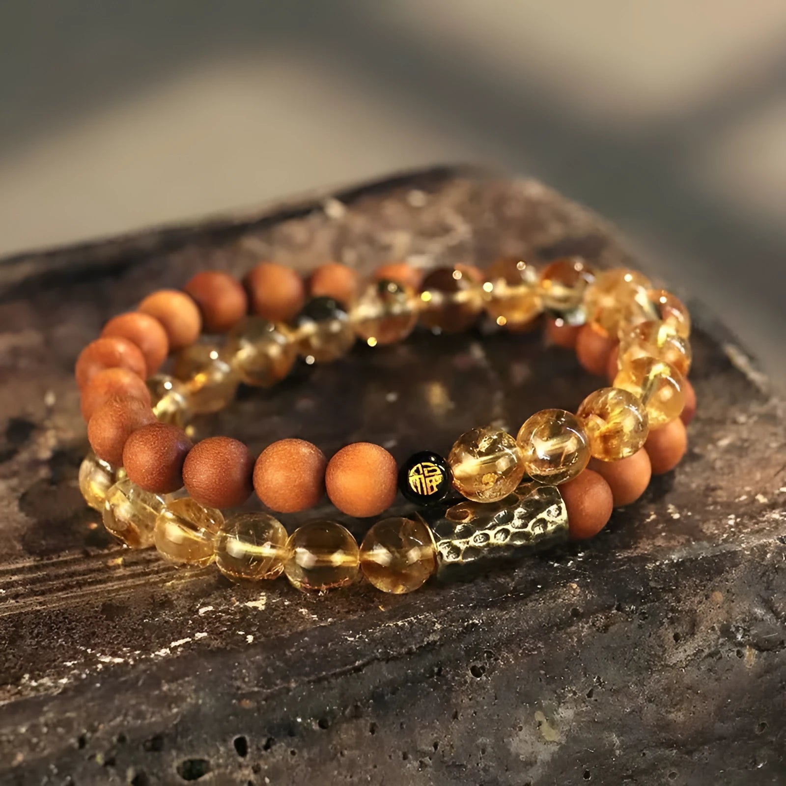 Retro style yellow tower crystal bracelet with manual processing in single or double ring design