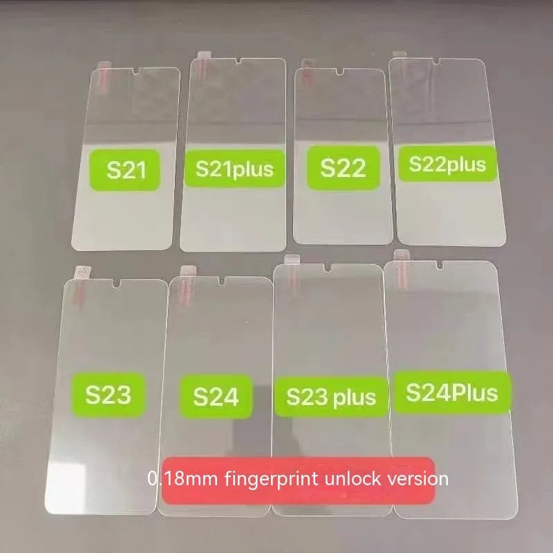 Samsung phone tempered glass screen protector showing fullscreen coverage and anti-fingerprint surface.
