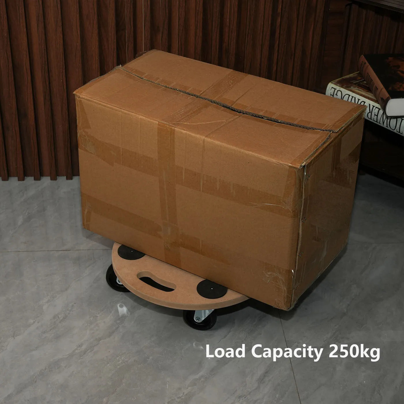 Two natural wood colour mover trolleys with non-slip platforms for tool transport
