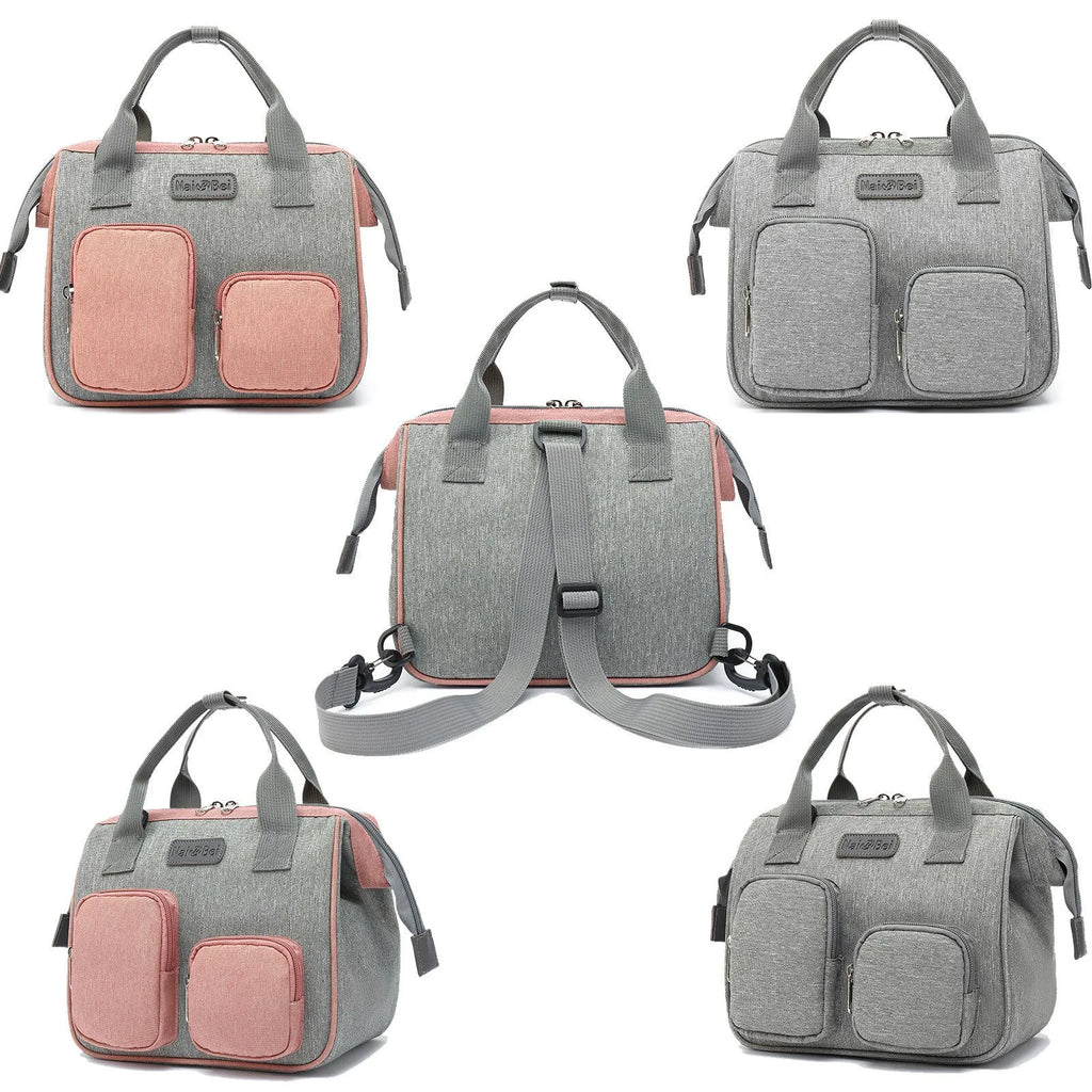Waterproof Oxford cloth women's handbag in grey colour showing three-dimensional exterior pocket