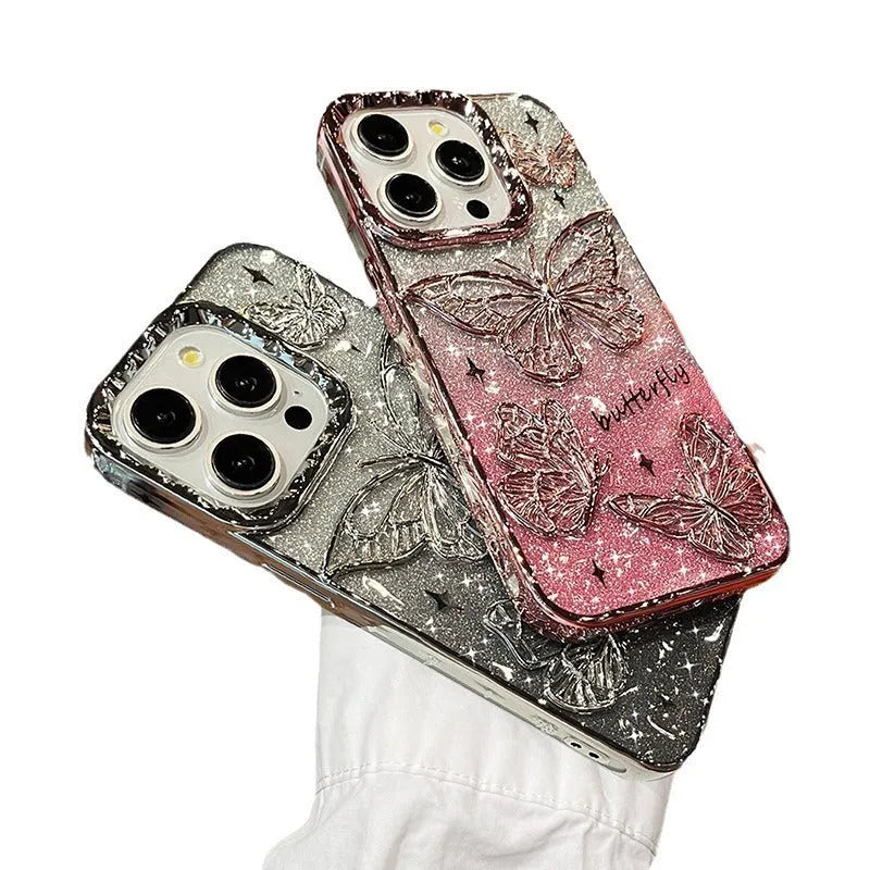 Butterfly glitter gradient silicone phone case for Apple iPhone with anti-fall protection and heat dissipation