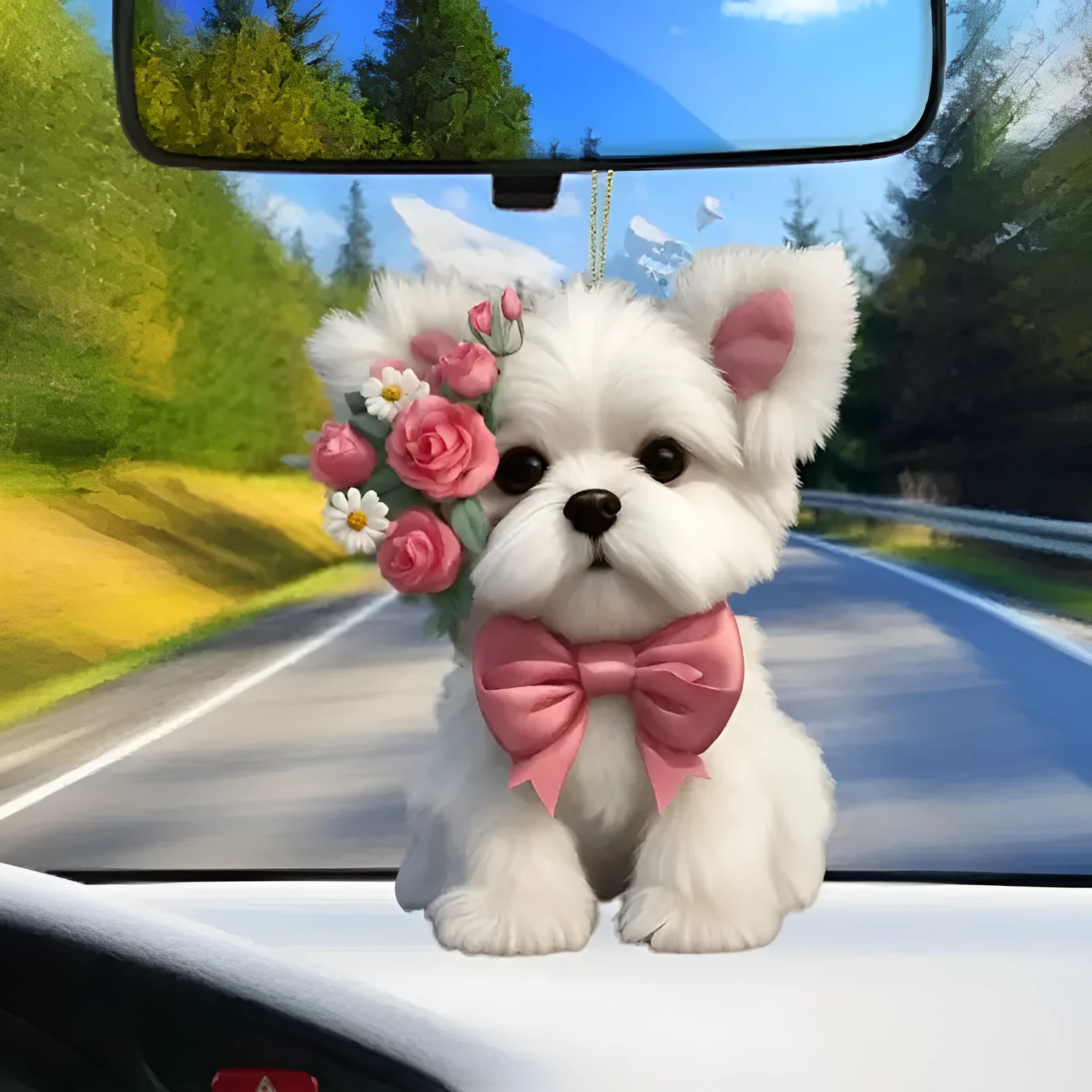 Transparent acrylic car pendant with colourful cartoon design for interior decoration