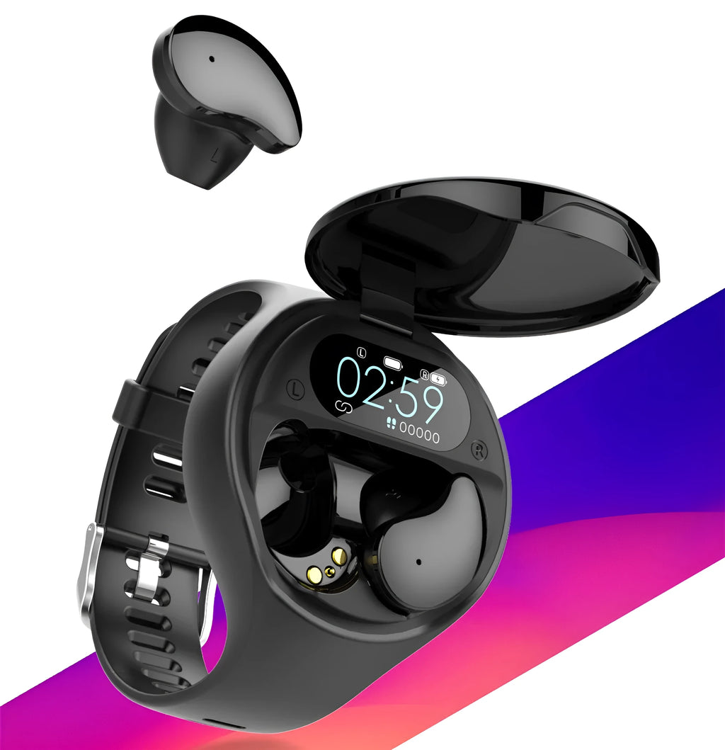 Black Bluetooth headset integrated with detachable smart bracelet showing colour screen display