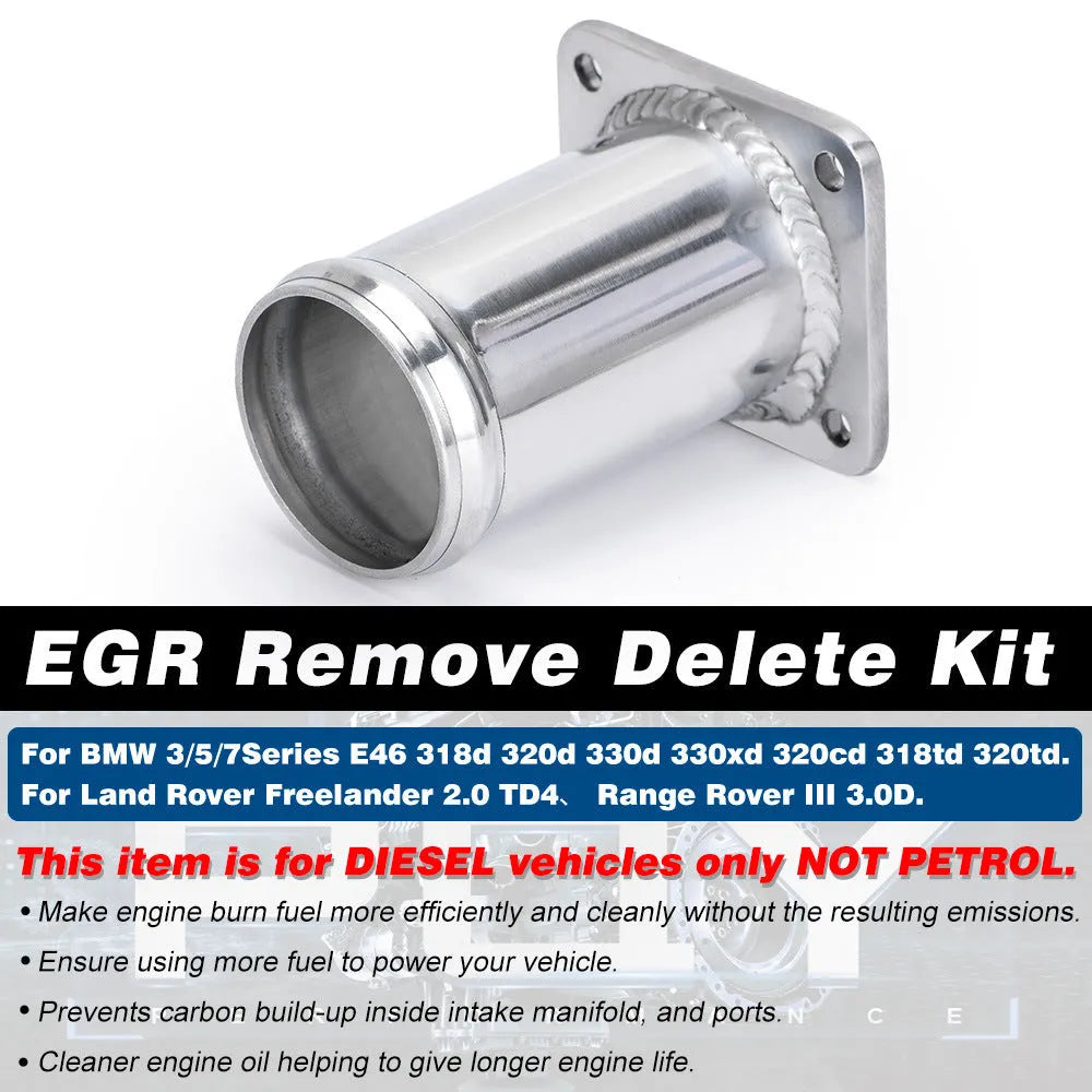 BMW E46 EGR delete kit showing aluminium pipe, blocking plates, bolts, and vacuum plug