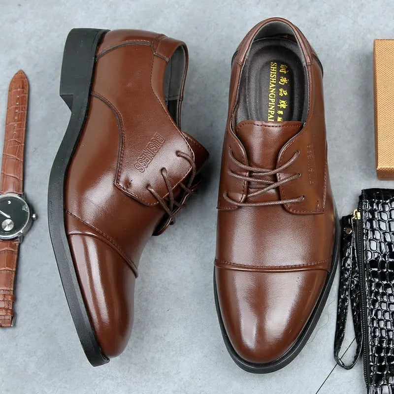 Men's black leather lace-up business shoes with rubber sole on extended size range