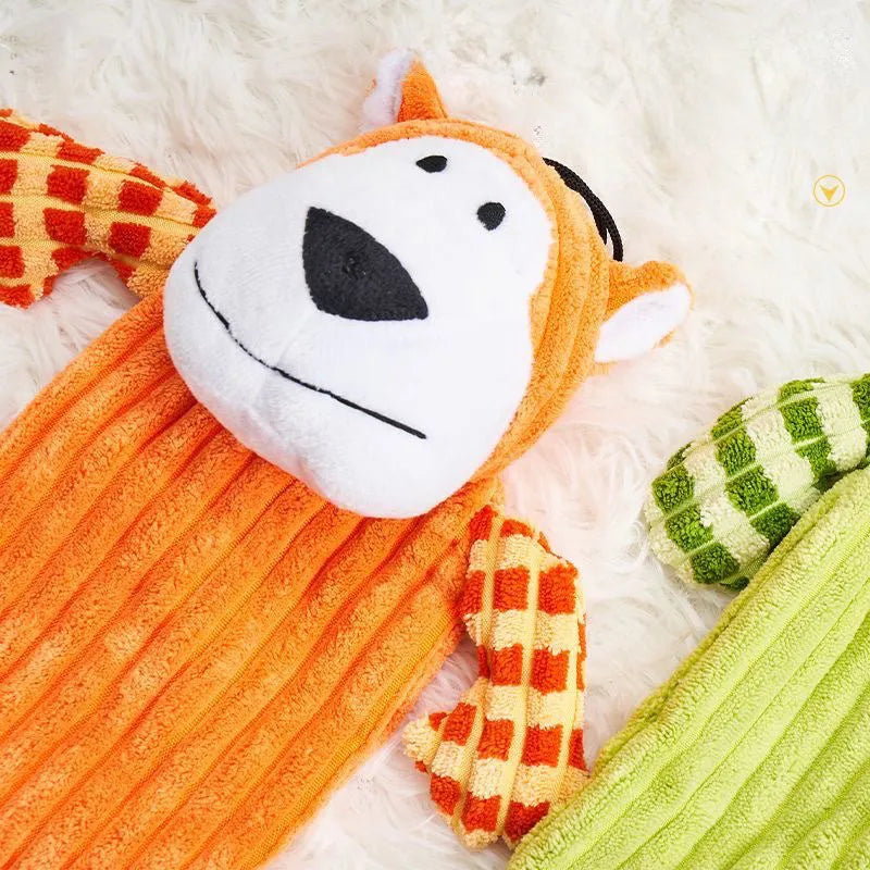 Green or orange durable plush dog toy with squeaker for aggressive chewers