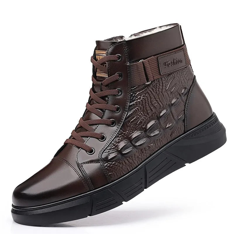 Leather snow boots with fur lining, rubber soles, and lace-up front in black or brown with velvet detailing