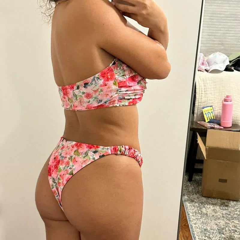 Women's floral printed tube top bikini set with lace trim in blue, pink, yellow colours