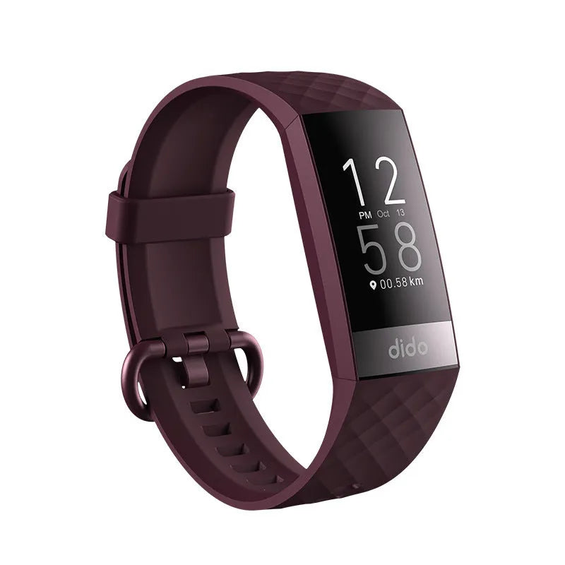 Black smart health bracelet with a 1.1-inch display on a wrist, showing blood pressure and ECG readings.