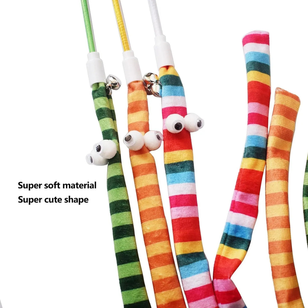 Cat wand teaser toy with polycarbonate handle and long plush strip in multiple colour options