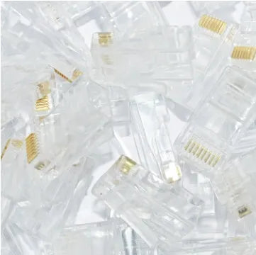 White unshielded RJ45 network modular plug with gold-plated three-fork contacts and all-copper insert.