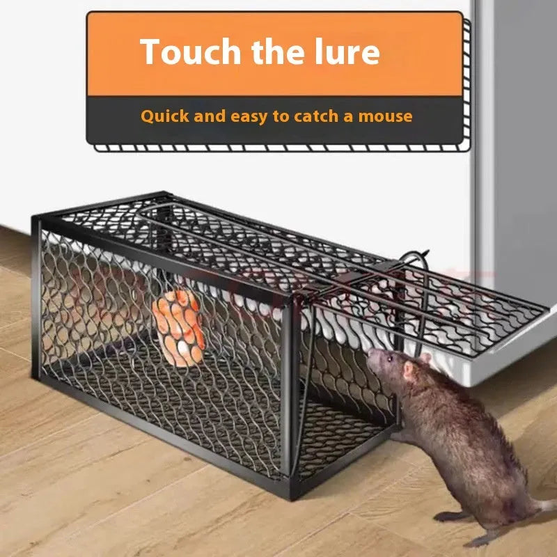 Automatic humane mouse trap cage in metal or plastic, shown in small, medium, and large sizes for indoor use.
