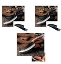 Scimitar-style butcher knife with hammer pattern blade and brown leather sheath.