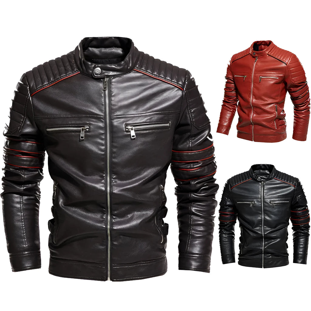 Men's motorcycle jacket with stand-up collar in black, red, or brown, plus velvet lining, sizes L-3XL