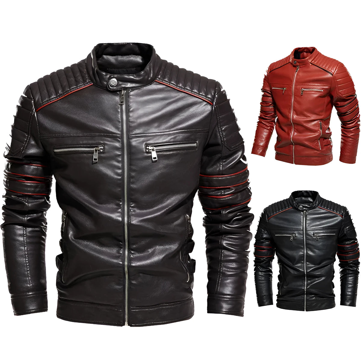 Men's motorcycle jacket with stand-up collar in black, red, or brown, plus velvet lining, sizes L-3XL