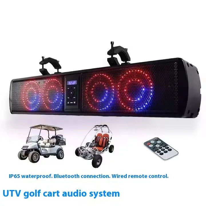 Portable Bluetooth audio system for golf carts and ATVs with speakers and connection ports.