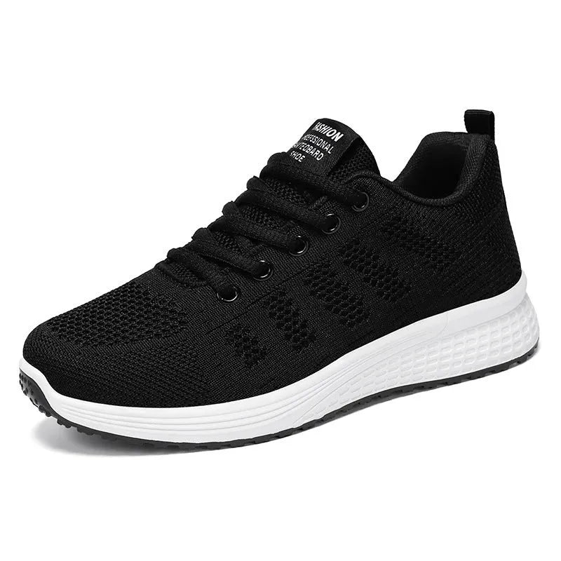 Women's running shoes with Flyknit upper in black, rose red, or gray pink with flat heel and soft bottom
