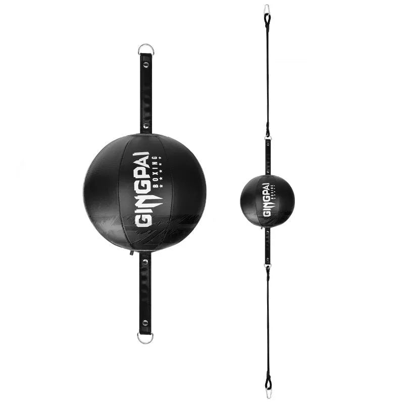 A black PU hanging boxing speed ball suspended for reaction and dodge training practice.