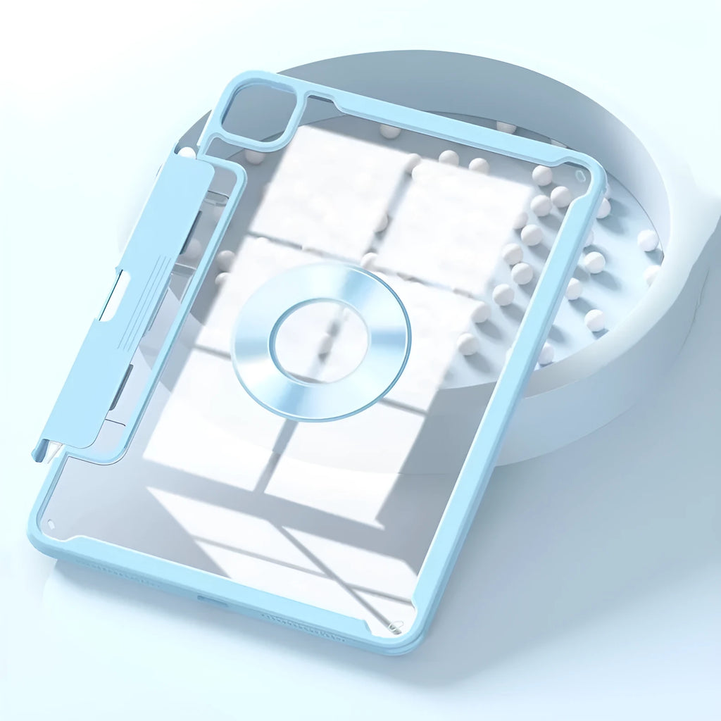 Magnetic iPad protective case in blue with a detachable drawer pen slot for Apple Pencil storage.