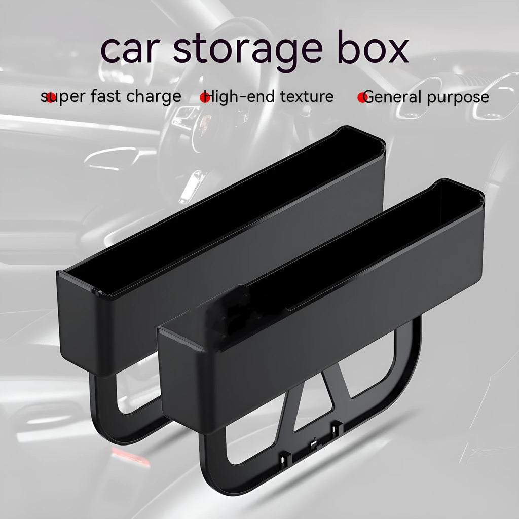 Black plastic car seat gap storage organiser box measuring 265x166x45mm