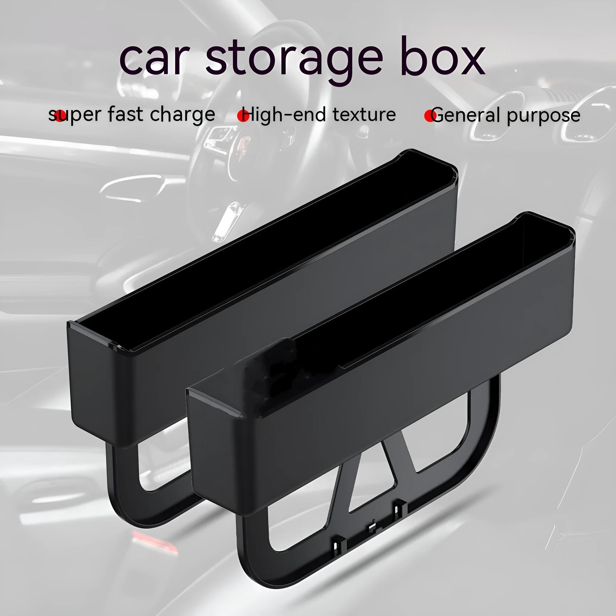 Black plastic car seat gap storage organiser box measuring 265x166x45mm