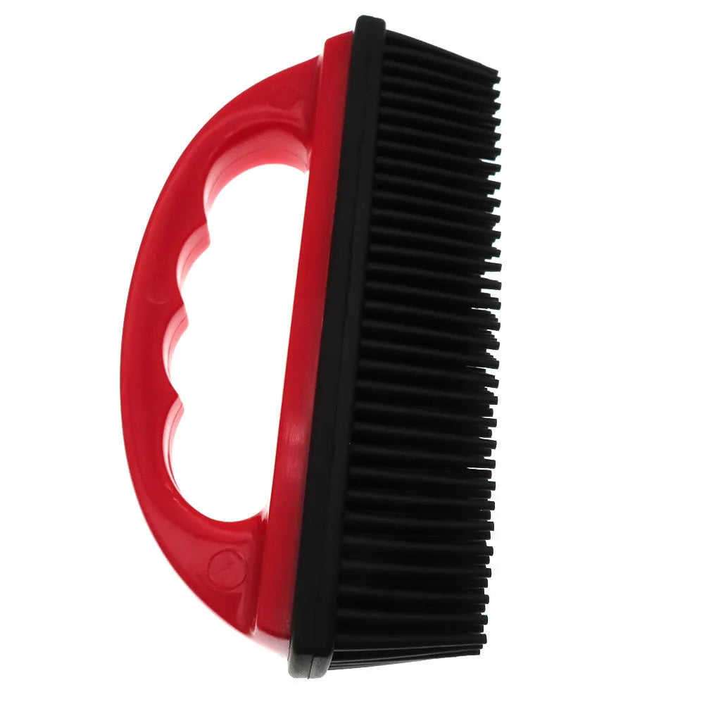 Red handheld pet hair removal brush for grooming and carpet cleaning, shown at 160mm by 85mm size.
