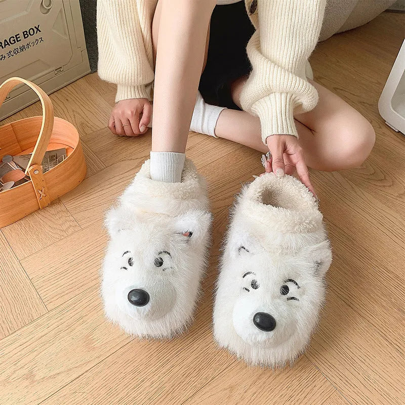 Grey and white ankle wrap cotton slippers with plush upper and artificial wool lining