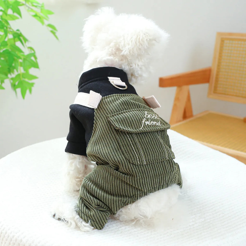 Corduroy pet overalls for dog or cat in good friend work clothes style, polyester fabric, size XS to XL