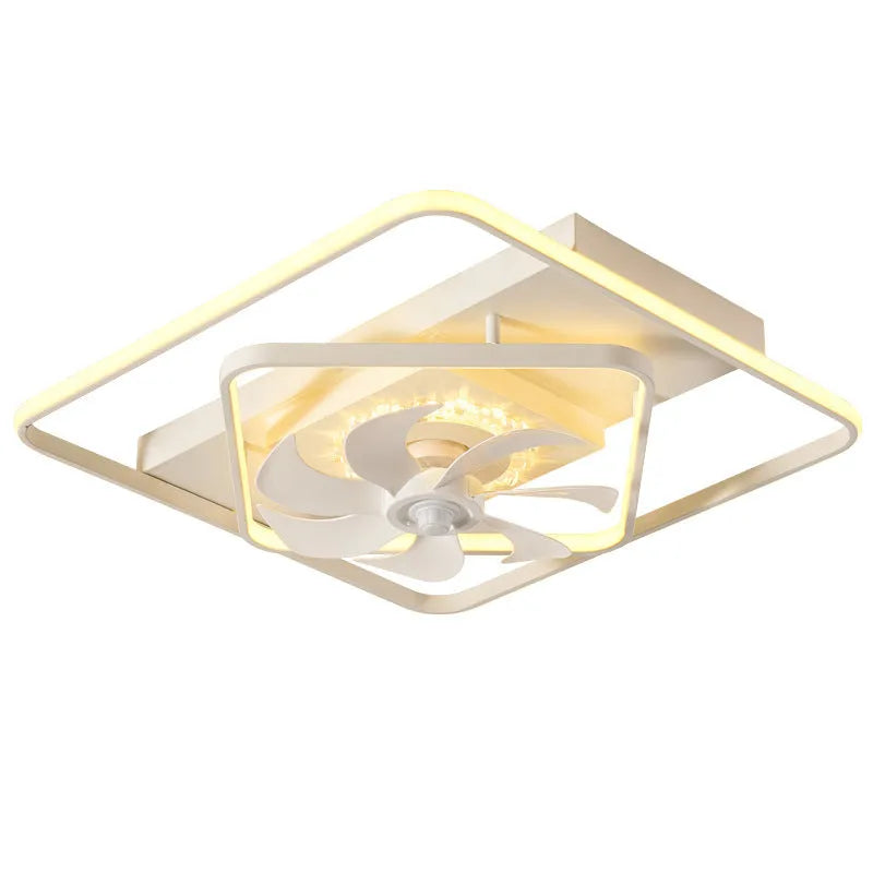 Modern ceiling fan with integrated light fixture showing plastic blades and acrylic lampshade