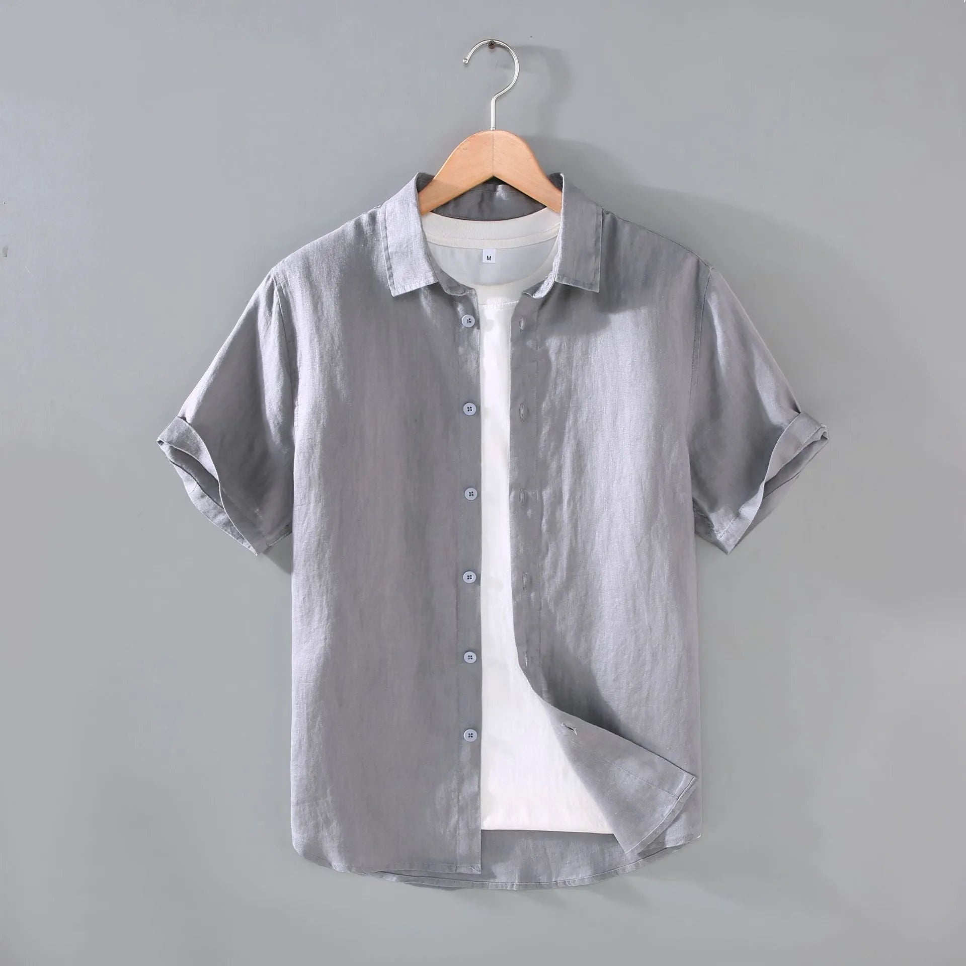 Men's casual short-sleeved linen shirt in cardigan style showing colour options