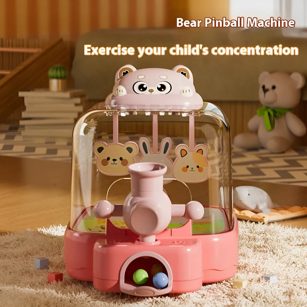 Cute Bear plastic pinball machine press launch toy in pink, orange, and green colours for children aged 4-6.