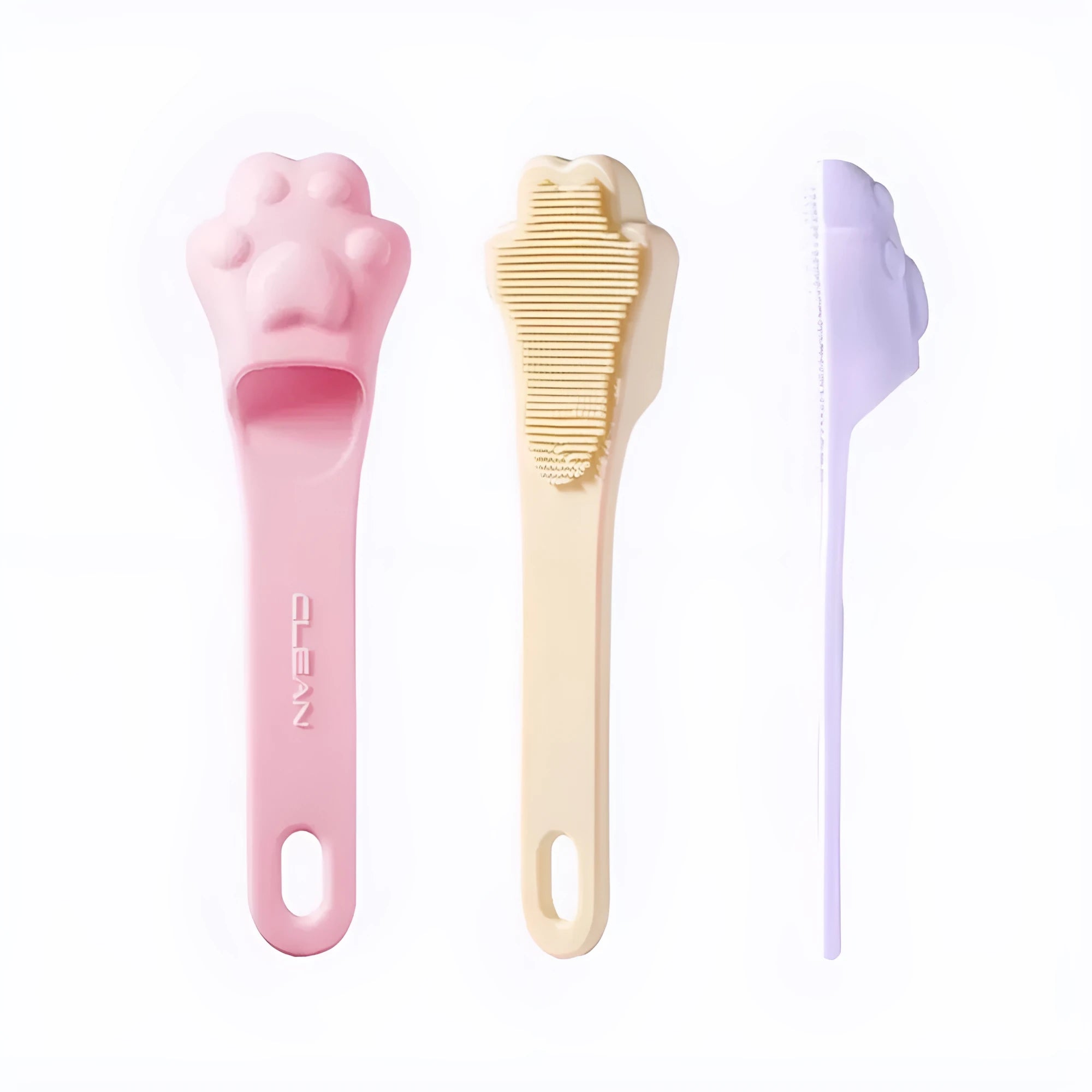 Silicone finger toothbrush for pets in pink, purple, and yellow colours