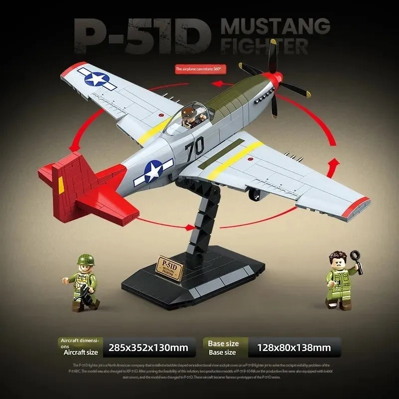 Building block airplane model of US military fighter Mustang P-510 made of plastic bricks for children aged 7-14