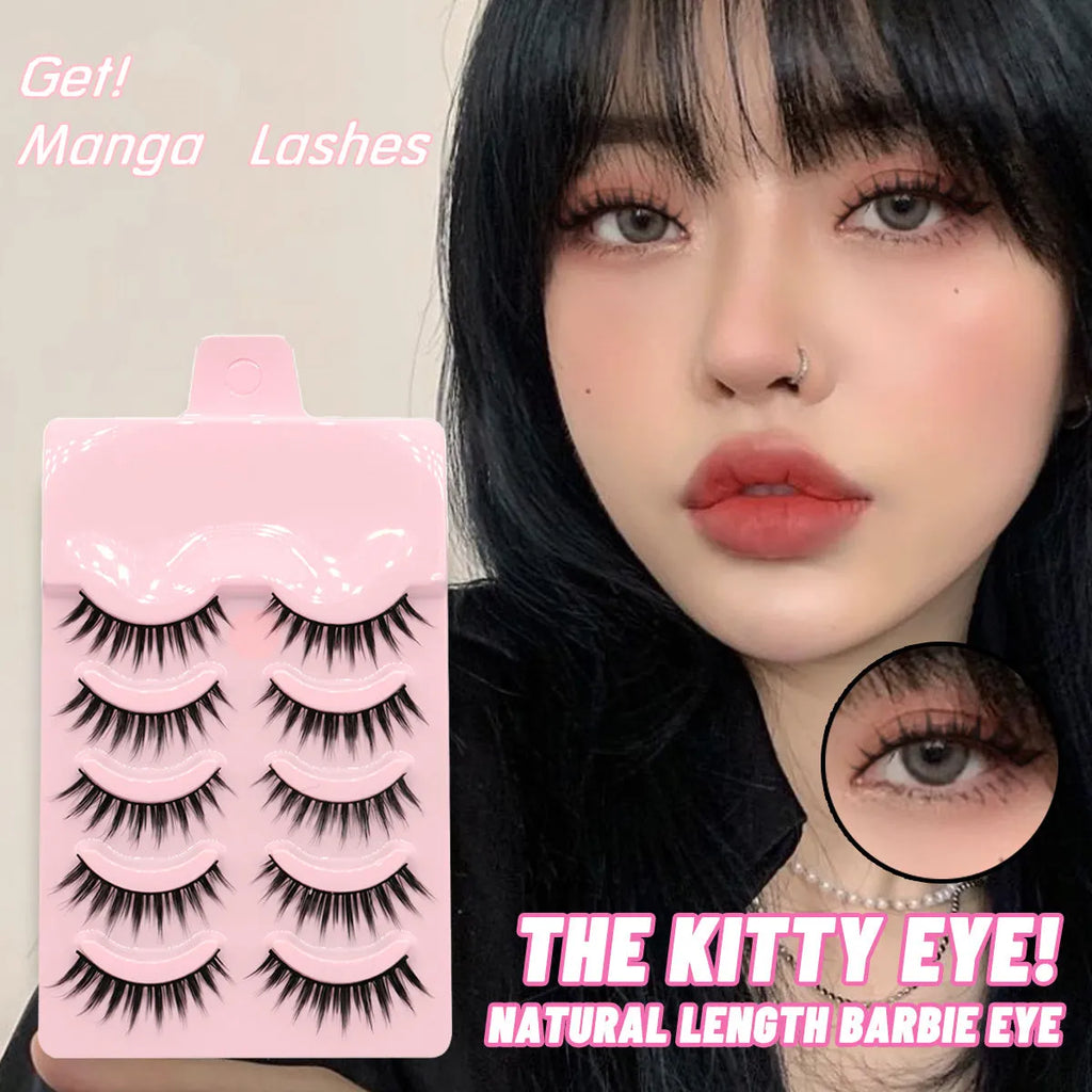 Pack of black manga style false eyelashes with natural wispy length for Korean makeup and cosplay.