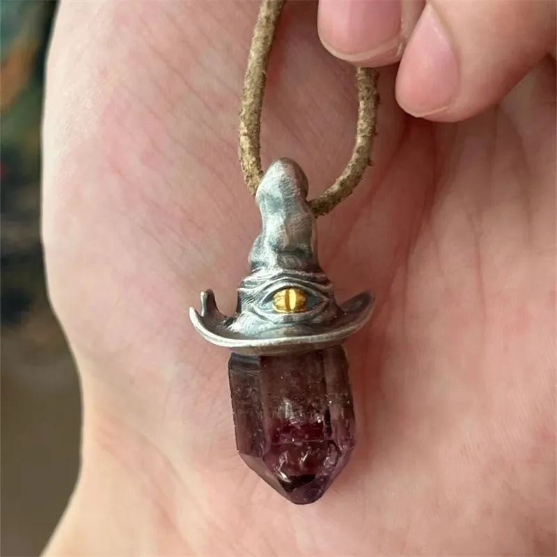 Retro natural amethyst hexagonal witch hat pendant necklace on cowhide rope, crystal centrepiece