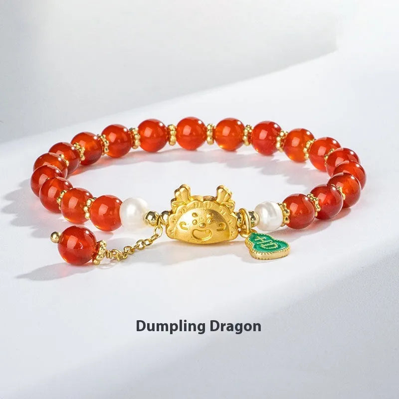 Natural agate crystal bracelet with 8mm diamond-cut beads and zodiac dragon design