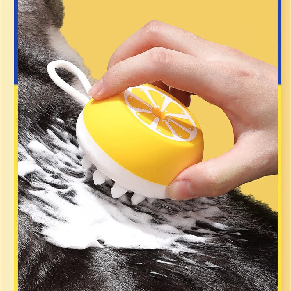 Yellow silicone pet bath brush with comb teeth and rounded massage nodes for dog and cat washing
