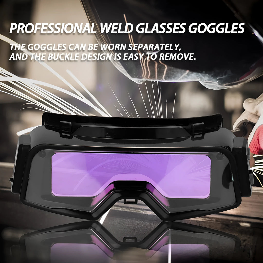 Black automatic darkening welding mask and glasses with a large rectangular viewing lens.