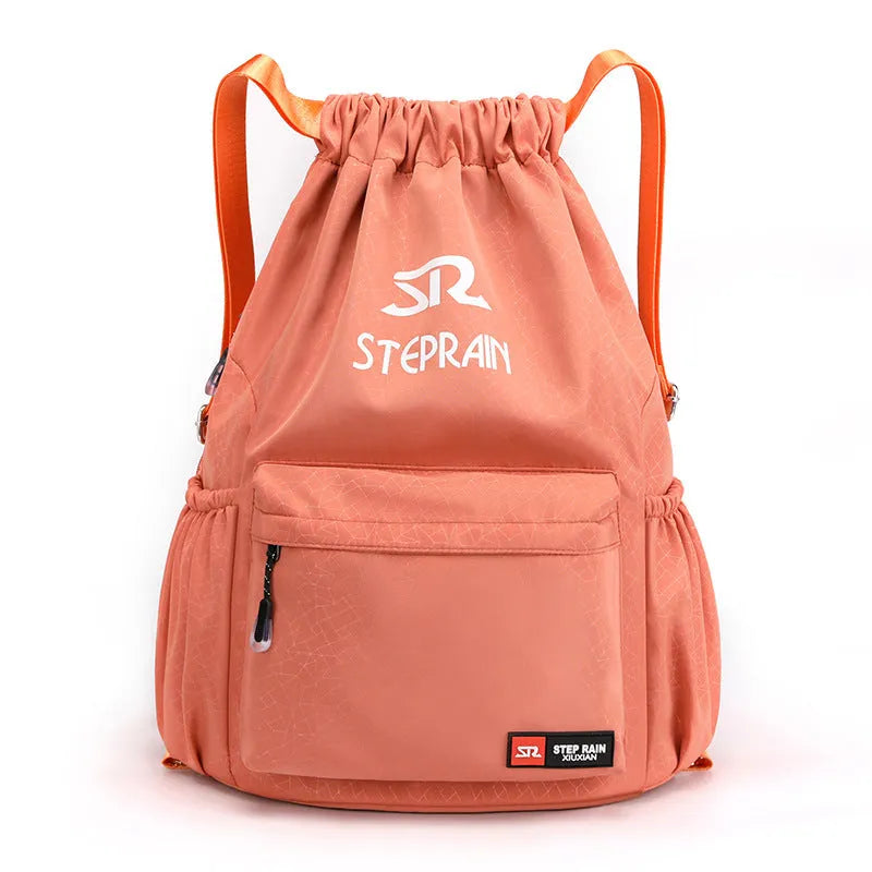Lightweight solid colour Oxford cloth backpack with drawstring closure and double shoulder straps.