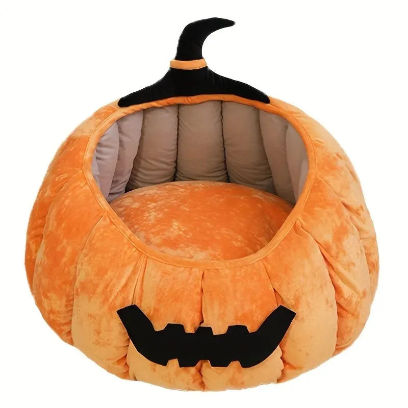Halloween themed pumpkin cartoon devil design soft plush cat bed for cats and small dogs in black colour.