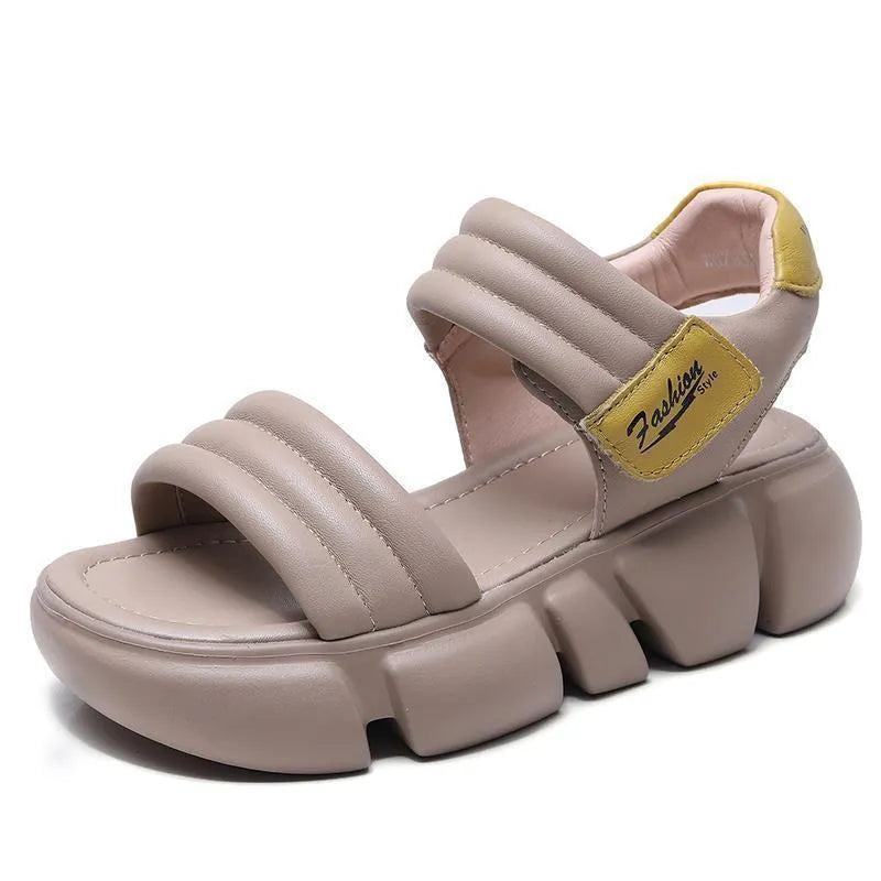 Open toe round head platform wedge sandals with velcro strap, microfiber upper, non-slip rubber sole, available in beige